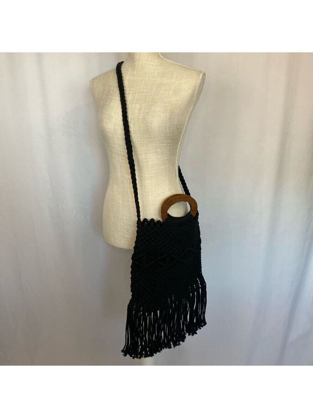 Anthropologie Danielle Nicole Black Boho Retro Macrame Bag Crossbody Tote - Picture 5 of 7